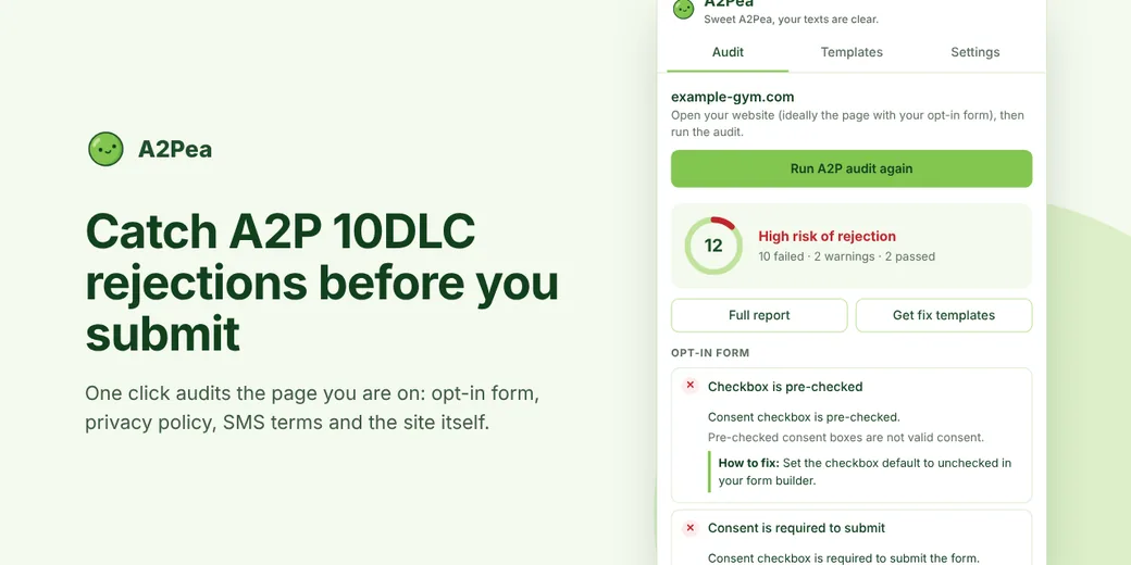 A2Pea Chrome extension showing an audit score of 12 and the failed opt-in checks with fixes
